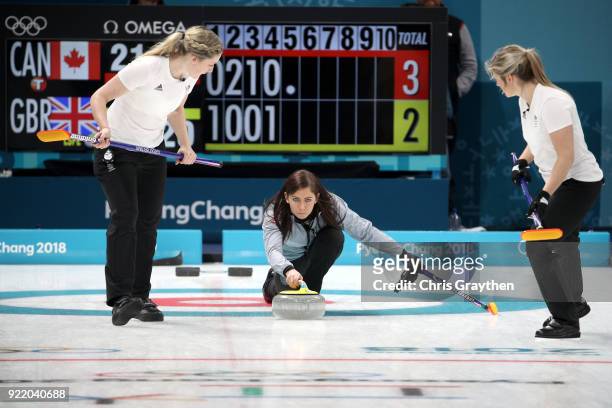 Eve Murihead of Great Britian competes against Canada during the Women's Round Robin Session 11 at Gangneung Curling Centre on February 21, 2018 in...