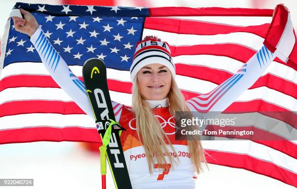 Bronze medallist Lindsey Vonn of the United States celebrates during the victory ceremony for the Ladies' Downhill on day 12 of the PyeongChang 2018...