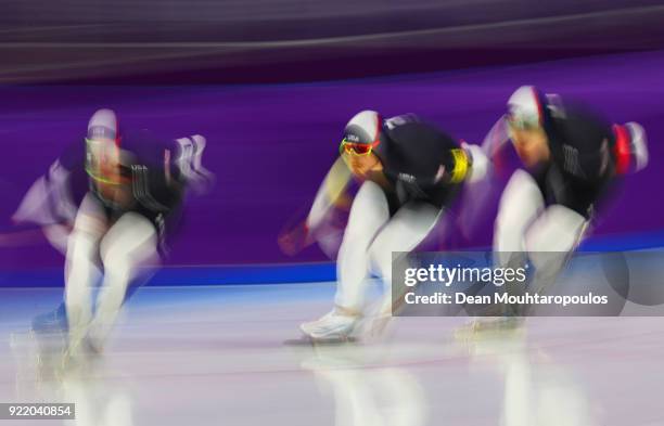 Brian Hansen, Emery Lehman and Jonathan Garcia of the United States compete during the Speed Skating Men's Team Pursuit Final D against Canada on day...