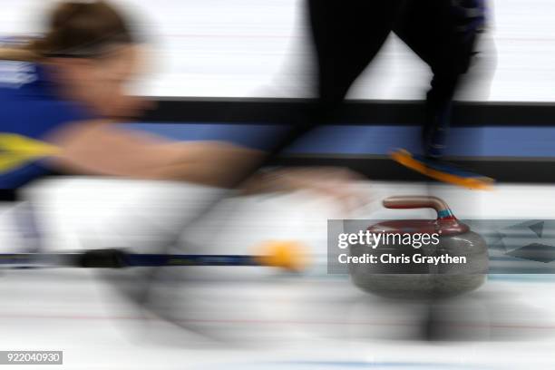 Team Sweden competes against China during the Women's Round Robin Session 11 at Gangneung Curling Centre on February 21, 2018 in Gangneung, South...