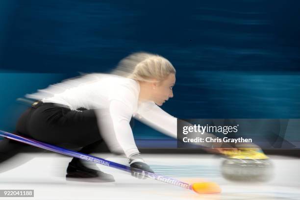 Anna Sloan of Great Britian competes against Canada during the Women's Round Robin Session 11 at Gangneung Curling Centre on February 21, 2018 in...