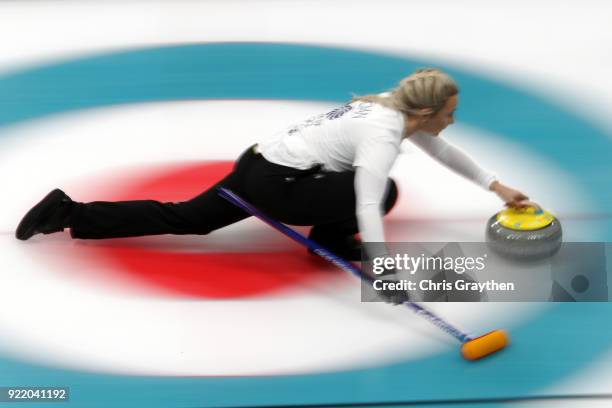 Anna Sloan of Great Britian competes against Canada during the Women's Round Robin Session 11 at Gangneung Curling Centre on February 21, 2018 in...