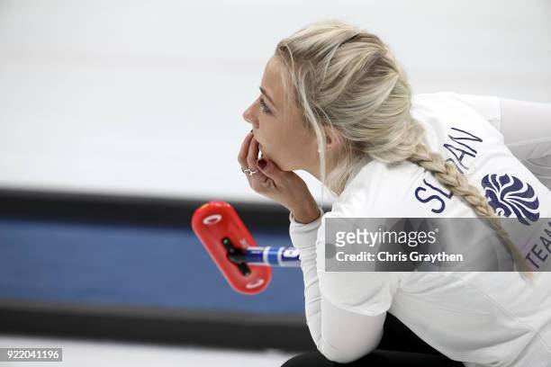 Anna Sloan of Great Britian competes against Canada during the Women's Round Robin Session 11 at Gangneung Curling Centre on February 21, 2018 in...