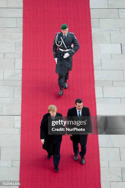 German Chancellor Angela Merkel and Prime Minister of Macedonia Zoran Zaev review the guard of honour at the Chancellery in Berlin, Germany on...