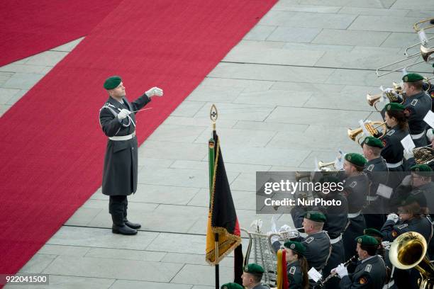 The guard of honour plays the national anthems during the meeting of German Chancellor Angela Merkel and Prime Minister of Macedonia Zoran Zaev at...