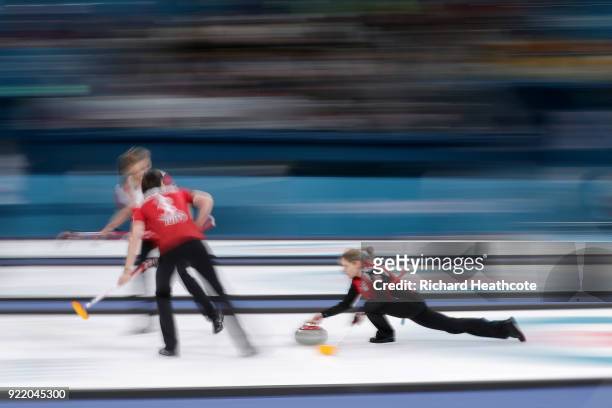 Switzerland in action during the Women's Curling round robin matches between Switzerland and Japan on day 12 of the Pyeongchang 2018 Winter Olympics...