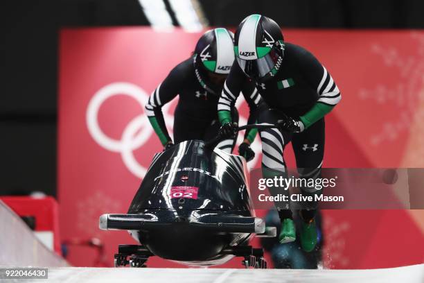 Seun Adigun and Akuoma Omeoga of Nigeria slide during the Women's Bobsleigh heats on day twelve of the PyeongChang 2018 Winter Olympic Games at the...