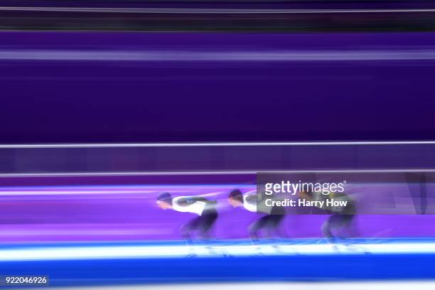 Shane Williamson, Seitaro Ichinohe and Ryosuke Tsuchiya of Japan compete during the Speed Skating Men's Team Pursuit Final C against Italy on day 12...