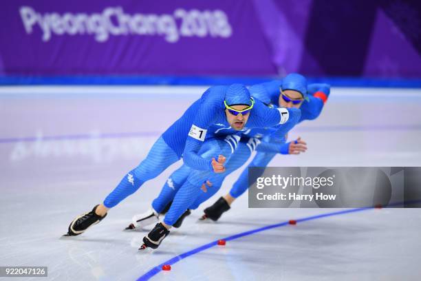 Andrea Giovannini, Nicola Tumolero and Riccardo Bugari of Italy compete during the Speed Skating Men's Team Pursuit Final C against Japan on day 12...