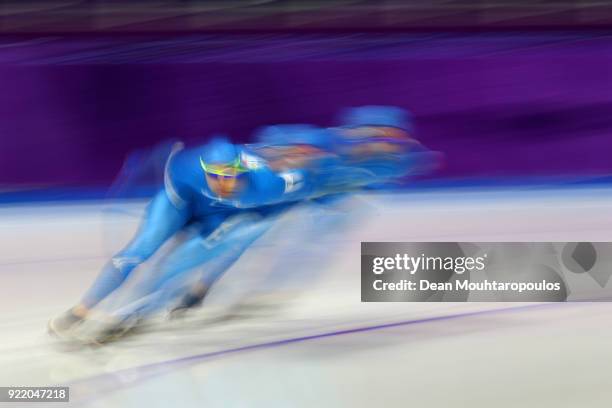 Andrea Giovannini, Nicola Tumolero and Riccardo Bugari of Italy compete during the Speed Skating Men's Team Pursuit Final C against Japan on day 12...