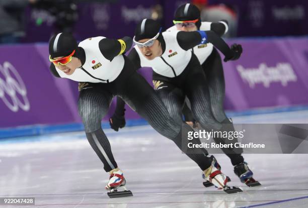 Seitaro Ichinohe, Ryosuke Tsuchiya and Shane Williamson of Japan compete during the Speed Skating Men's Team Pursuit Final CD on day 12 of the...