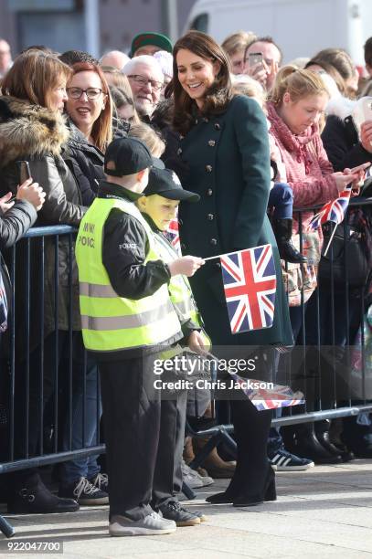 Catherine, Duchess of Cambridge speaks with children dressed as Mini Police officers as she visits The Fire Station, one of Sunderlands most iconic...