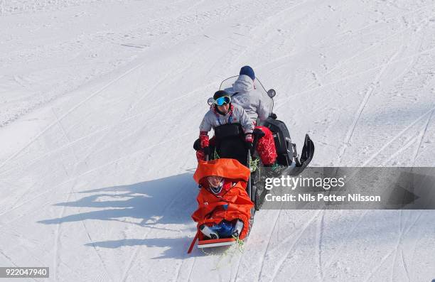 Christoph Wahrstoetter of Austria injured during the Mens Skicross Finals at Phoenix Snow Park on February 21, 2018 in Pyeongchang-gun, South Korea.
