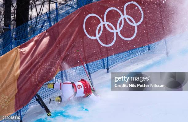 Christoph Wahrstoetter of Austria crashes during the Mens Skicross Finals at Phoenix Snow Park on February 21, 2018 in Pyeongchang-gun, South Korea.