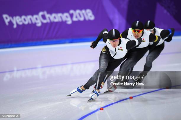 Shane Williamson, Seitaro Ichinohe and Ryosuke Tsuchiya of Japan compete during the Speed Skating Men's Team Pursuit Final C against Italy on day 12...