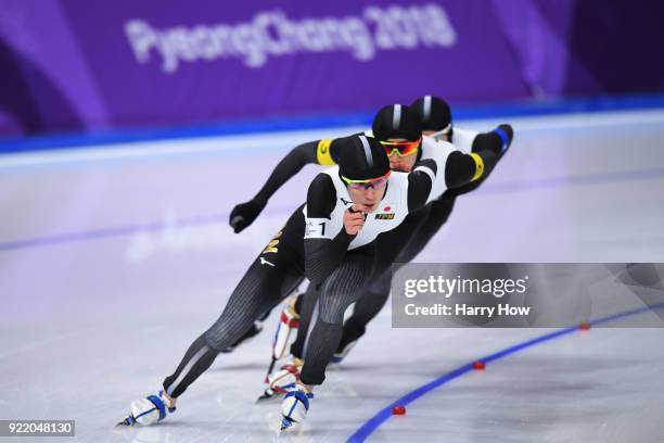 Shane Williamson, Seitaro Ichinohe and Ryosuke Tsuchiya of Japan compete during the Speed Skating Men's Team Pursuit Final C against Italy on day 12...