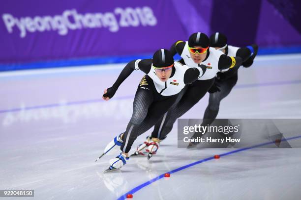 Shane Williamson, Seitaro Ichinohe and Ryosuke Tsuchiya of Japan compete during the Speed Skating Men's Team Pursuit Final C against Italy on day 12...