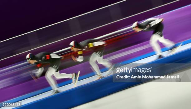 Brian Hansen, Emery Lehman and Jonathan Garcia of the United States compete during the Speed Skating Men's Team Pursuit Final D against Canada on day...