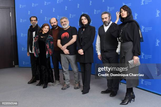 Ali Bagheri, Leili Rashidi, Ali Mosaffa, Mani Haghighi, Leila Hatami, Hasan Majuni and Parinaz Izadyar pose at the 'Pig' photo call during the 68th...