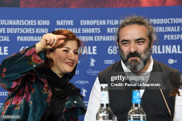 Leili Rashidi and Hasan Majuni attend the 'Pig' press conference during the 68th Berlinale International Film Festival Berlin at Grand Hyatt Hotel on...