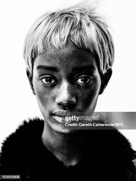 Model poses backstage ahead of the Shrimps Presentation during London Fashion Week February 2018 on February 20, 2018 in London, England.