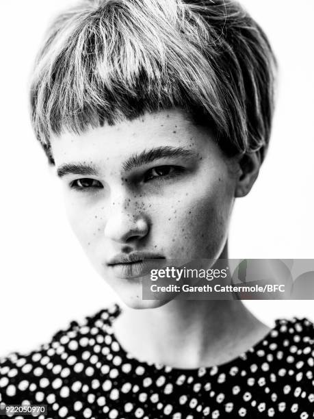 Model poses backstage ahead of the Shrimps Presentation during London Fashion Week February 2018 on February 20, 2018 in London, England.