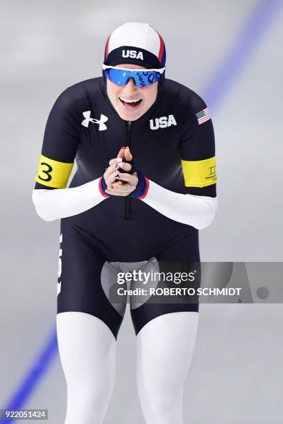 S Mia Manganello celebrates after competing in the women's team pursuit final B speed skating event during the Pyeongchang 2018 Winter Olympic Games...