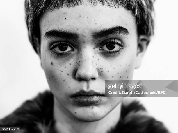 Model poses backstage ahead of the Shrimps Presentation during London Fashion Week February 2018 on February 20, 2018 in London, England.