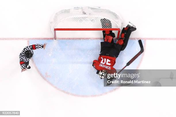 Ben Scrivens of Canada lies on the ice after a collision in the second period against Finland during the Men's Play-offs Quarterfinals on day twelve...