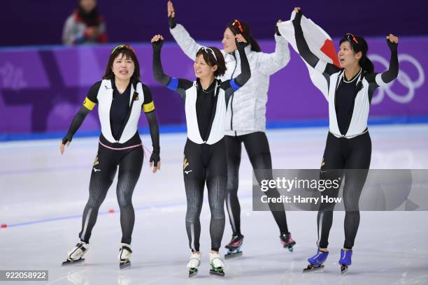 Ayano Sato, Nana Takagi, Ayaka Kikuchi and Miho Takagi of Japan celebrate after winning the gold medal during the Speed Skating Ladies' Team Pursuit...