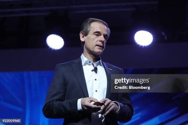 Volkmar Denner, chief executive officer of Robert Bosch GmbH, pauses while delivering a keynote speech at the Bosch Internet of Things conference, in...