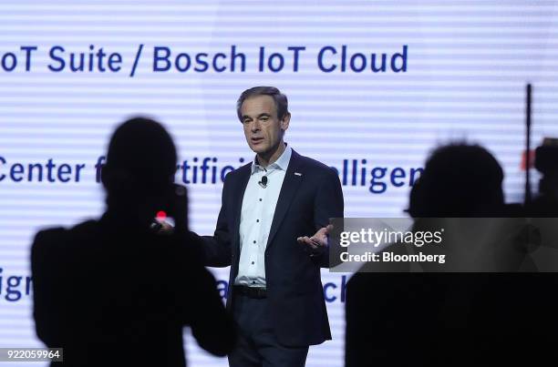 Volkmar Denner, chief executive officer of Robert Bosch GmbH, gestures while delivering a keynote speech at the Bosch Internet of Things conference,...