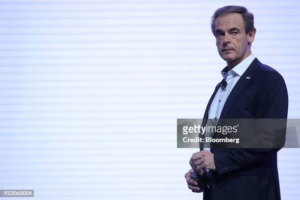Volkmar Denner, chief executive officer of Robert Bosch GmbH, pauses while delivering a keynote speech at the Bosch Internet of Things conference, in...