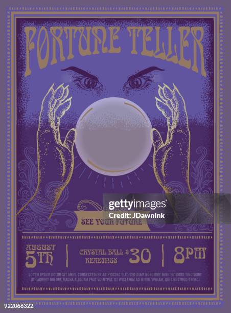 retro vintage fortune teller poster advertisement design template - crystal ball stock illustrations