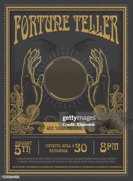 retro vintage fortune teller poster advertisement design template - looking into the future stock illustrations