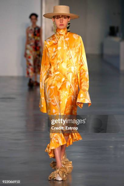 Model walks the runway at the Mother of Pearl show during London Fashion Week February 2018 at Newport Street Gallery on February 19, 2018 in London,...