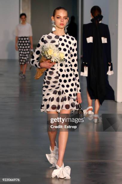 Model walks the runway at the Mother of Pearl show during London Fashion Week February 2018 at Newport Street Gallery on February 19, 2018 in London,...