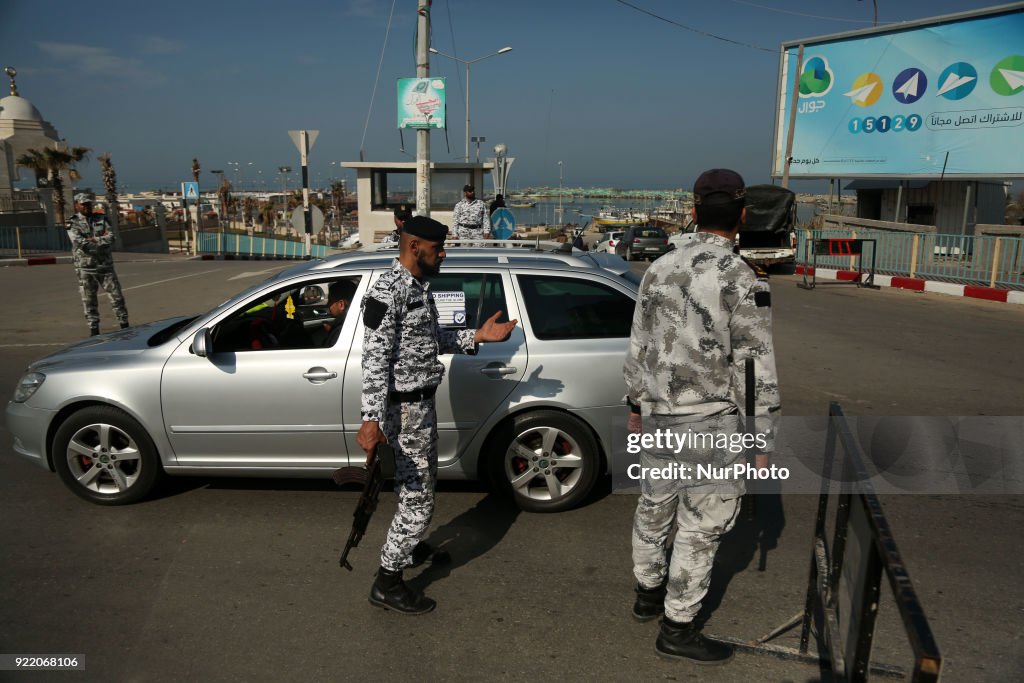 Hamas security forces stop a vehicle at a security checkpoint in Gaza