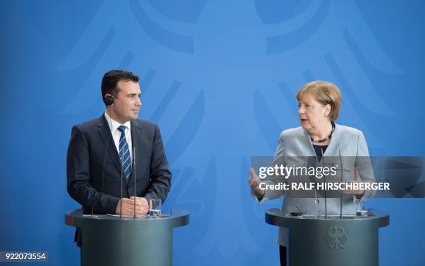 German Chancellor Angela Merkel and Macedonian Prime Minister Zoran Zaev give a joint press conference following a meeting on February 21, 2018 in...