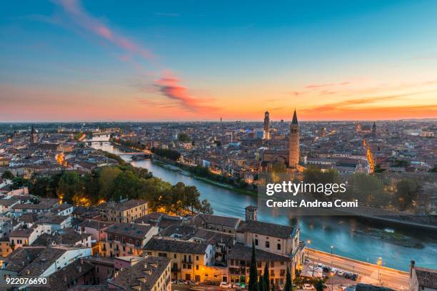 elevated view of verona old town at dusk. verona, veneto, italy - verona italien stock-fotos und bilder