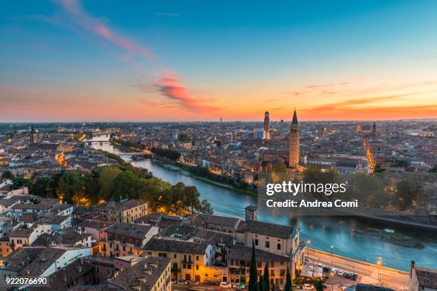 elevated view of verona old town at dusk. verona, veneto, italy - verona italy stock pictures, royalty-free photos & images