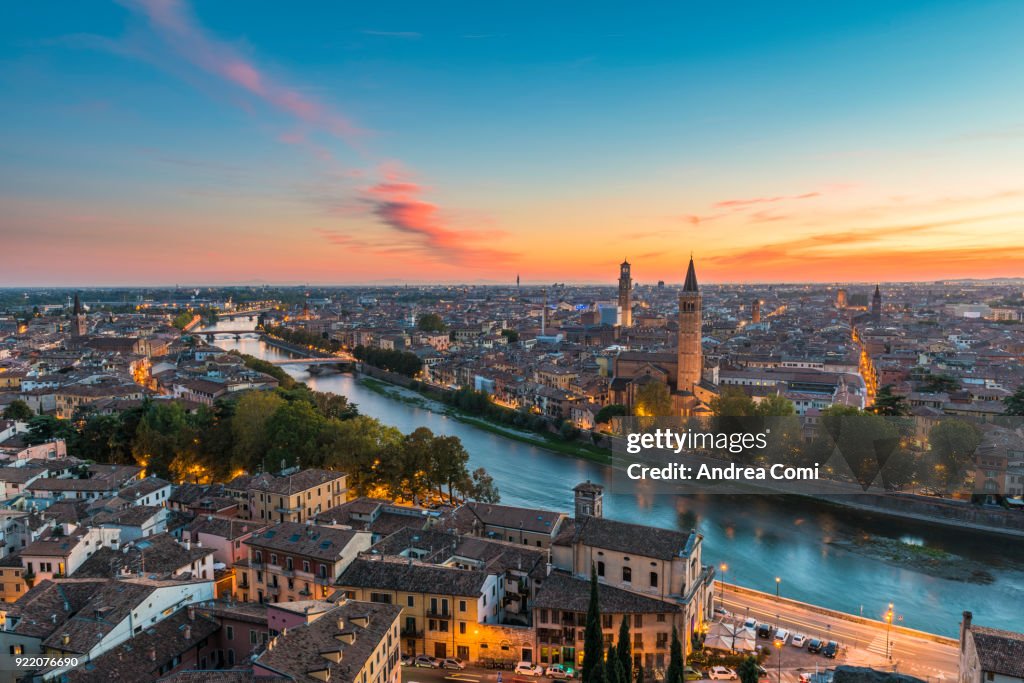 Elevated view of Verona old town at dusk. Verona, Veneto, Italy