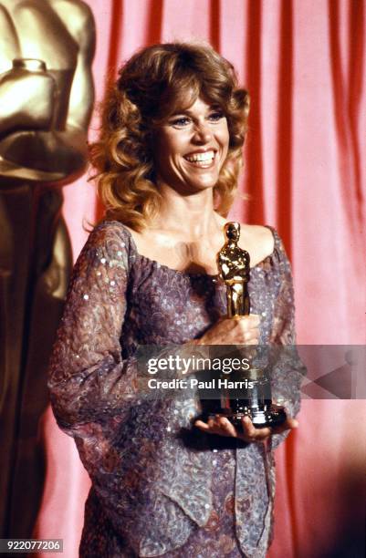 Jane Fonda winning best actress Oscar for the film Coming Home at the 51st Academy Awards ceremony, organized by the Academy of Motion Picture Arts...