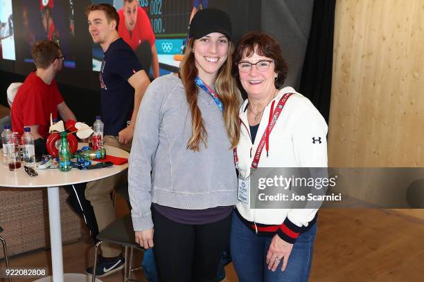 Olympians Erin Hamlin and Bonnie Blair pose for a photo at the USA House at the PyeongChang 2018 Winter Olympic Games on February 21, 2018 in...