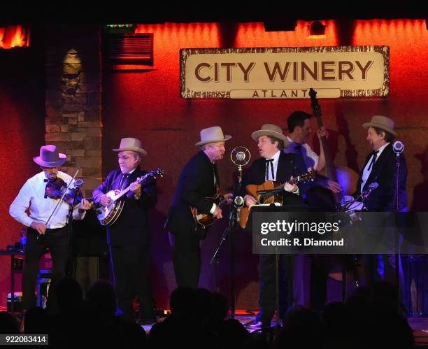 Band members Johnny Warren , Charlie Cushman , Jeff White , Shawn Camp ,Barry Bales and Jerry Douglas of Earls of Leicester perform at City Winery on...