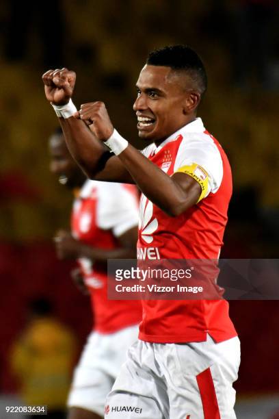 William Tesillo of Independiente Santa Fe celebrates after scoring during a second leg match between Independiente Santa Fe and Santiago Wanderers as...