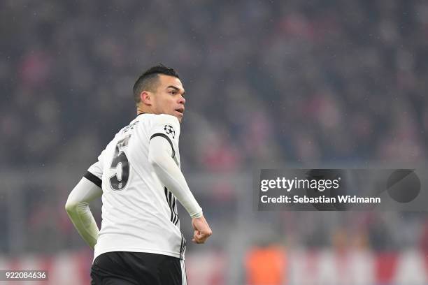 Pepe of Besiktas looks over his shoulder during the UEFA Champions League Round of 16 First Leg match between Bayern Muenchen and Besiktas at Allianz...