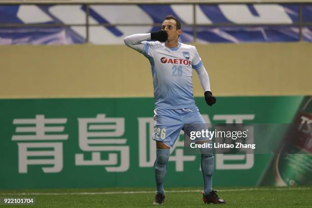 Luke Wilkshire of Sydney FC celebrates a goal during the AFC Champions League Group H match between Shanghai Shenhua FC and Sydney FC at Hongkou...