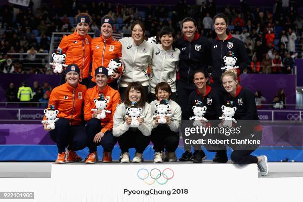 Silver medalists Marrit Leenstra, Lotte Van Beek, Ireen Wust and Antoinette De Jong of the Netherlands, gold medalists Miho Takagi, Ayaka Kikuchi,...