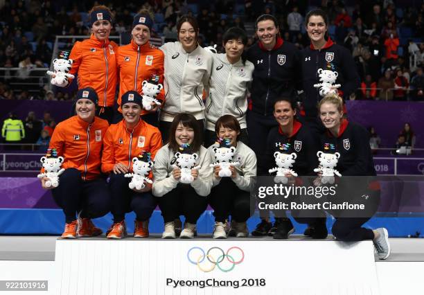 Silver medalists Marrit Leenstra, Lotte Van Beek, Ireen Wust and Antoinette De Jong of the Netherlands, gold medalists Miho Takagi, Ayaka Kikuchi,...